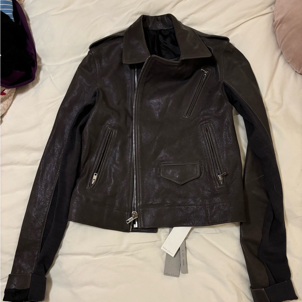 Brown Leather Motorcycle Jacket with Wide Collar